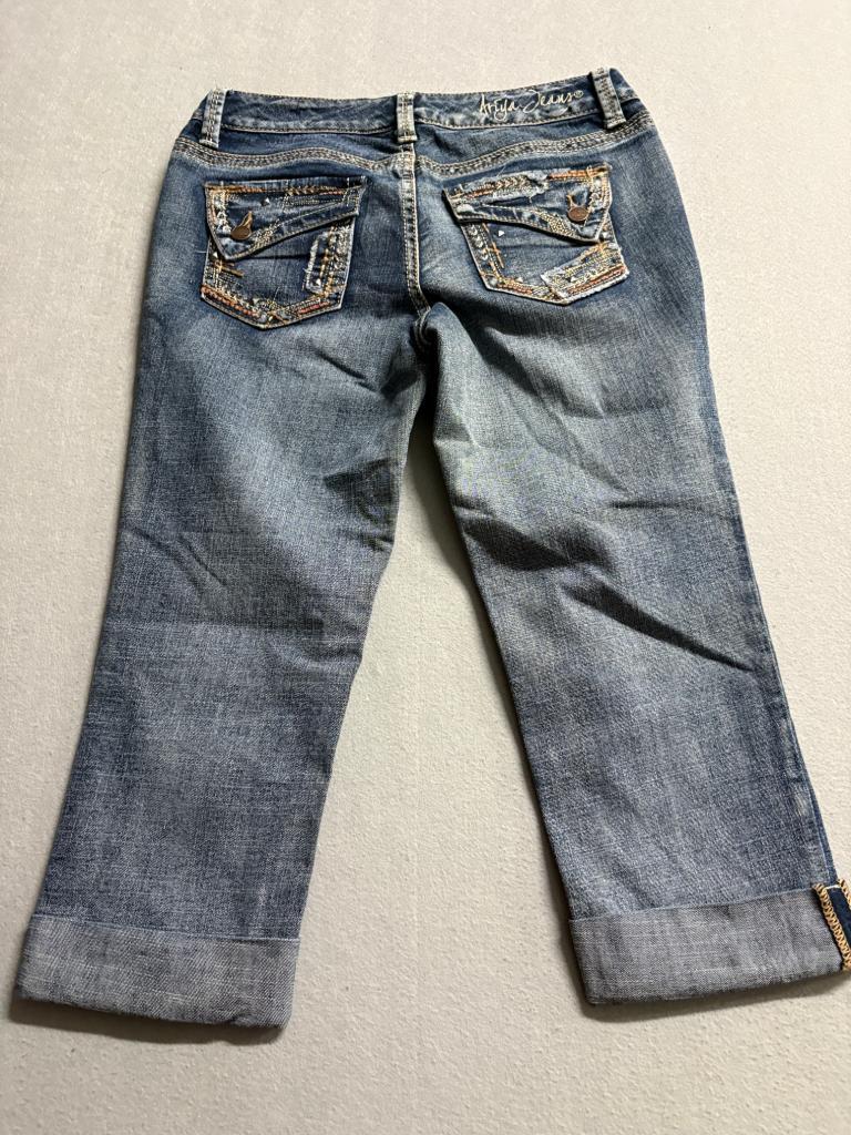 Ariya Jeans Womens 7/8 Blue Denim Capri Crop Embellished Pockets Stretch