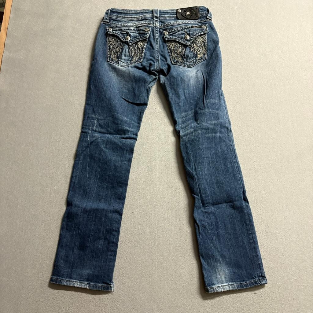 Miss Me Angel Wing Straight Jeans Womens 28 Blue Denim Embellished Flap Pocket