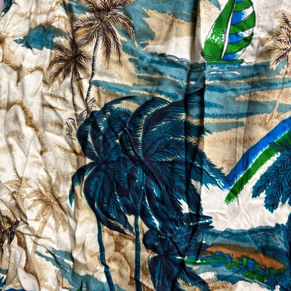 Sunset Highway Hawaiian Shirt Mens XL Blue Rayon Sailboat Palm Tree Beach NWT