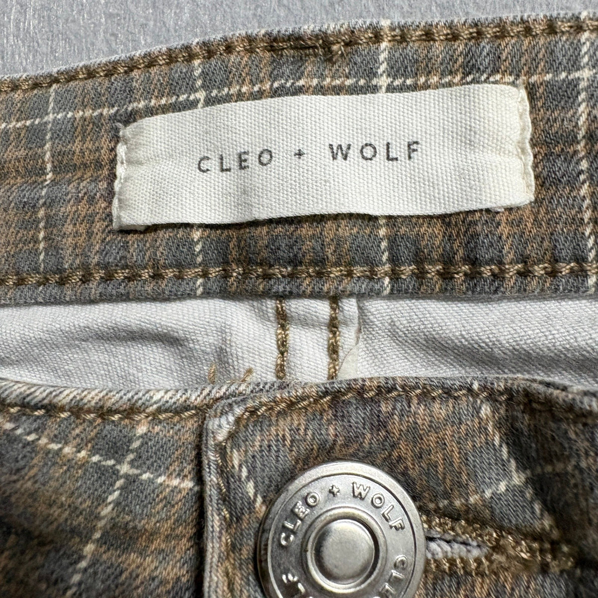 Cleo and Wolf Plaid Jeans Womens 33 Brown Ultra High Rise Kick Flare Stretch