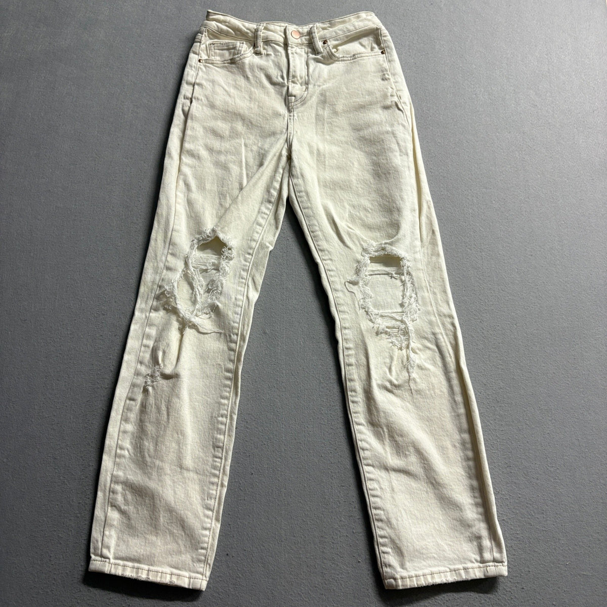 Altar'd State Distressed Jeans Womens 24 Ivory Cream Ripped Straight Leg Denim