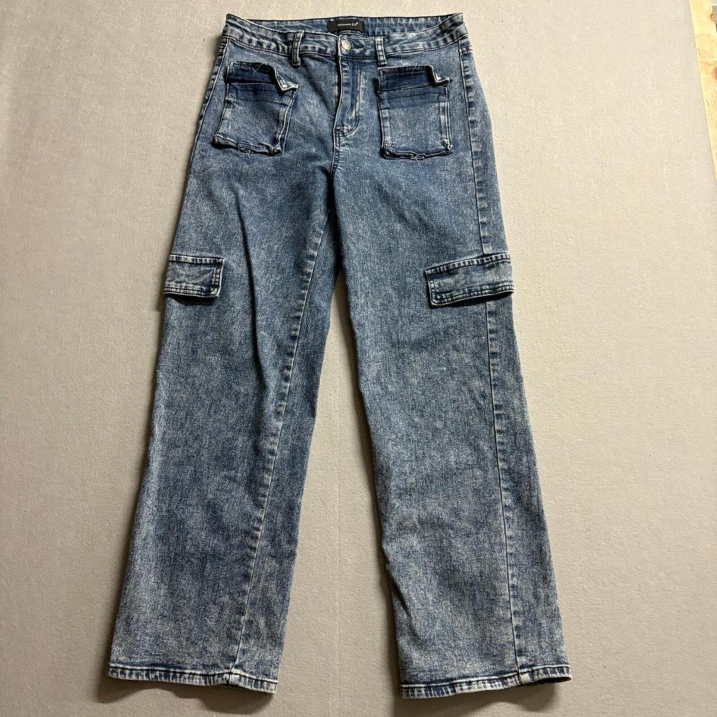 Between Us Cargo Jeans Womens Size 15 Acid Wash Blue Denim Straight Leg Stretch