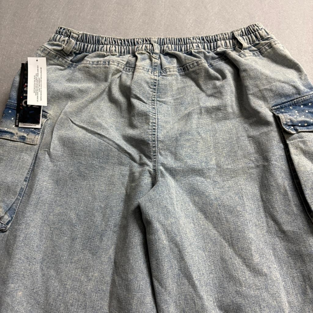 Madden NYC Wide Leg Cargo Jeans Womens XL 16-18 Rhinestone Blue Denim New