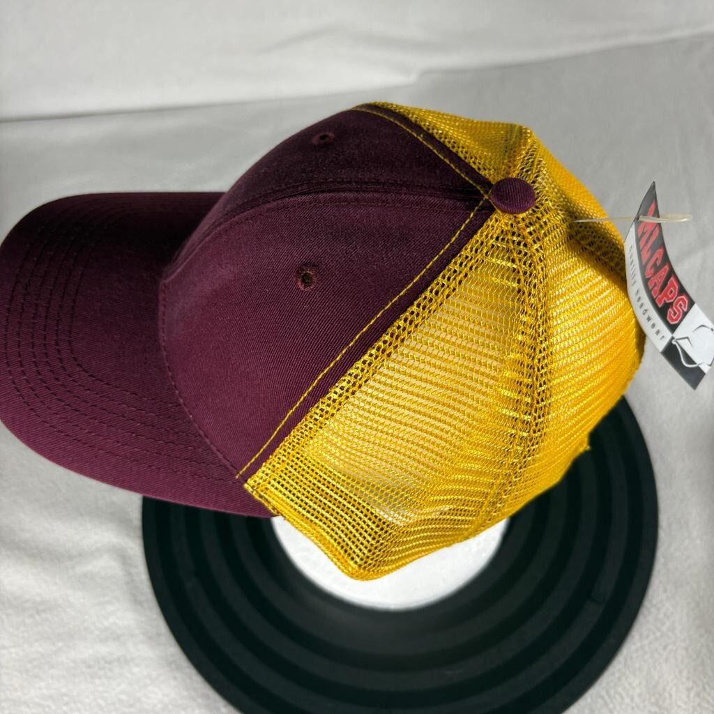 ML Caps The Duke Maroon Gold Mesh Back Trucker Hat Snapback Blank Cap New