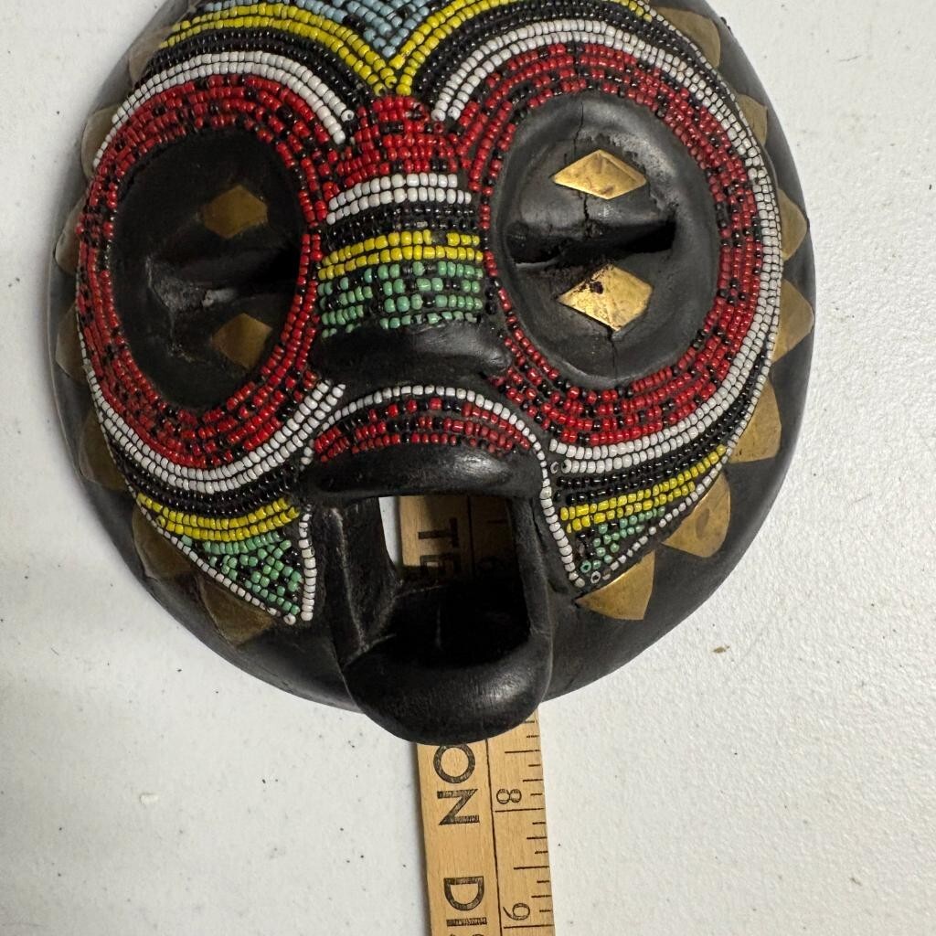 African Beaded Wood Mask Hand Carved Round Tribal Wall Hanging Brass Accents 7in