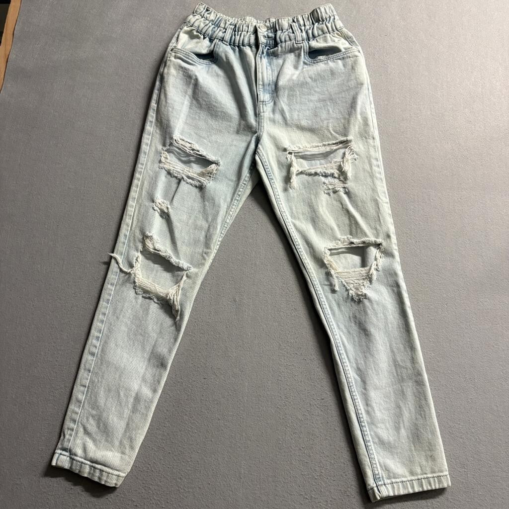 Refuge Denim Mom Jeans Womens Small Light Wash Distressed Elastic Waist