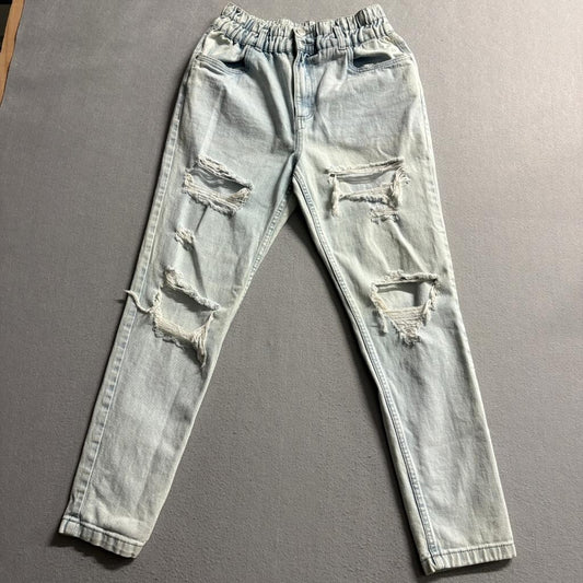 Refuge Denim Mom Jeans Womens Small Light Wash Distressed Elastic Waist