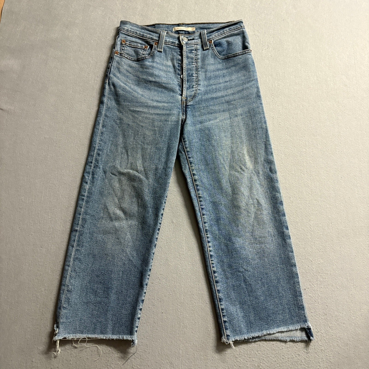 Levi's Ribcage Straight Jeans Womens 27 Blue High Rise Raw Hem Denim Crop