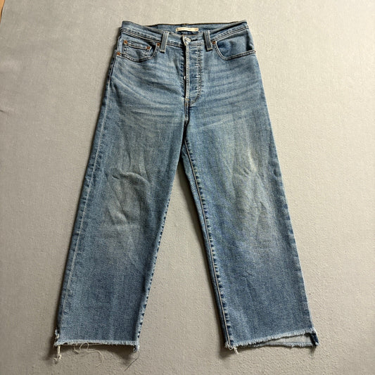 Levi's Ribcage Straight Jeans Womens 27 Blue High Rise Raw Hem Denim Crop