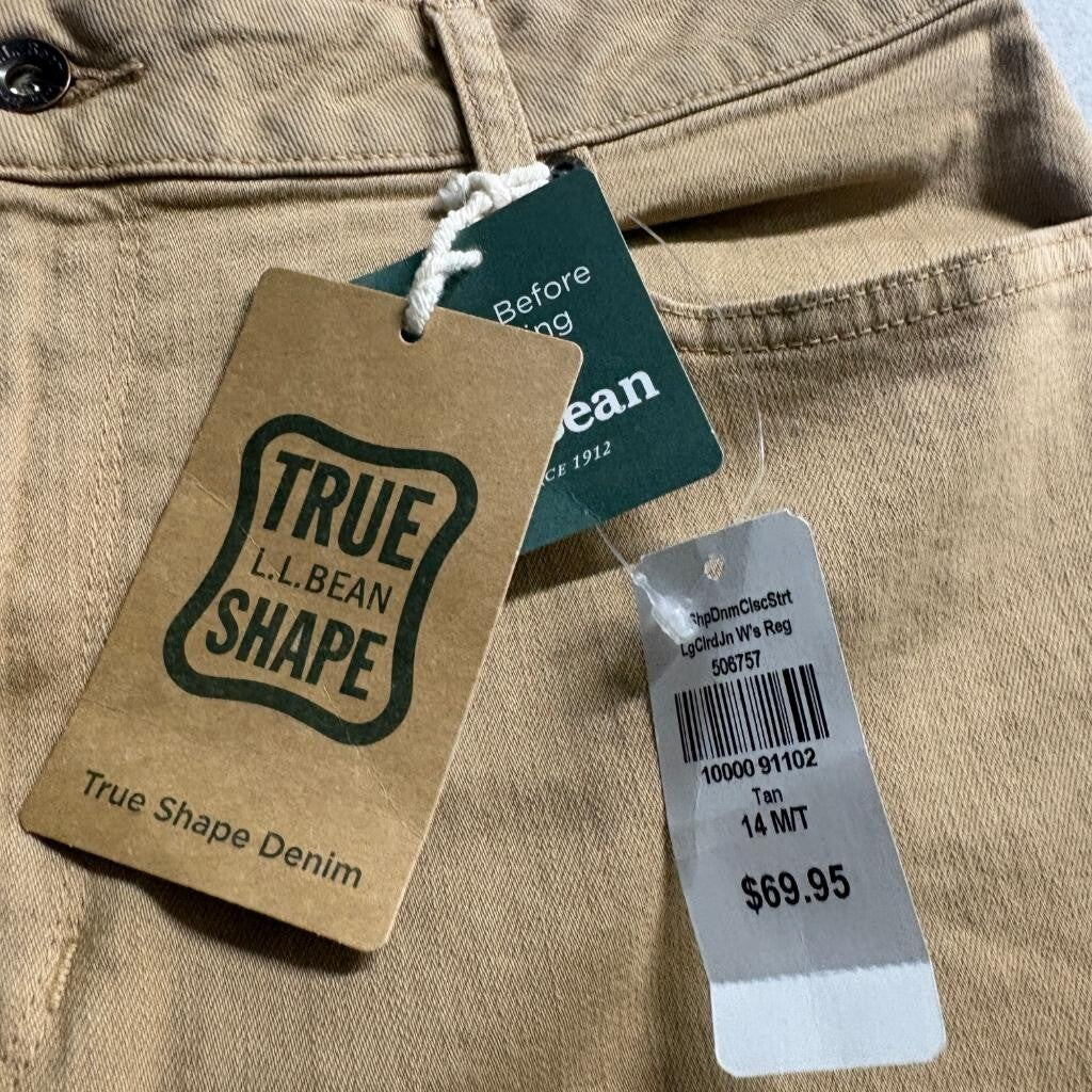 LL Bean True Shape Denim Jeans Womens 14 MT Tan Classic Fit Straight Leg NWT