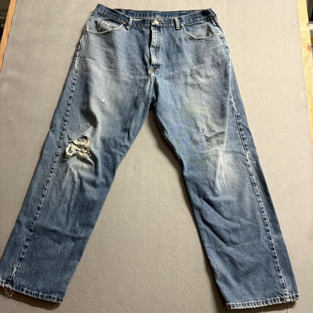 Wrangler Hero Mens Blue Distressed Jeans 36x28 Straight Leg Denim Workwear