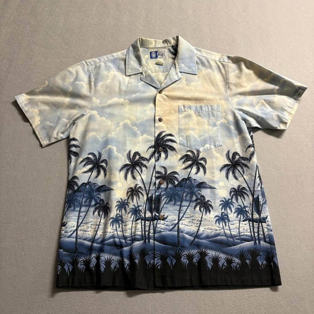 RJC Hawaiian Shirt Mens Medium Blue Clouds Palm Trees Sailboat Made in USA