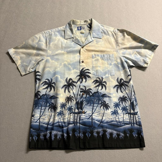 RJC Hawaiian Shirt Mens Medium Blue Clouds Palm Trees Sailboat Made in USA