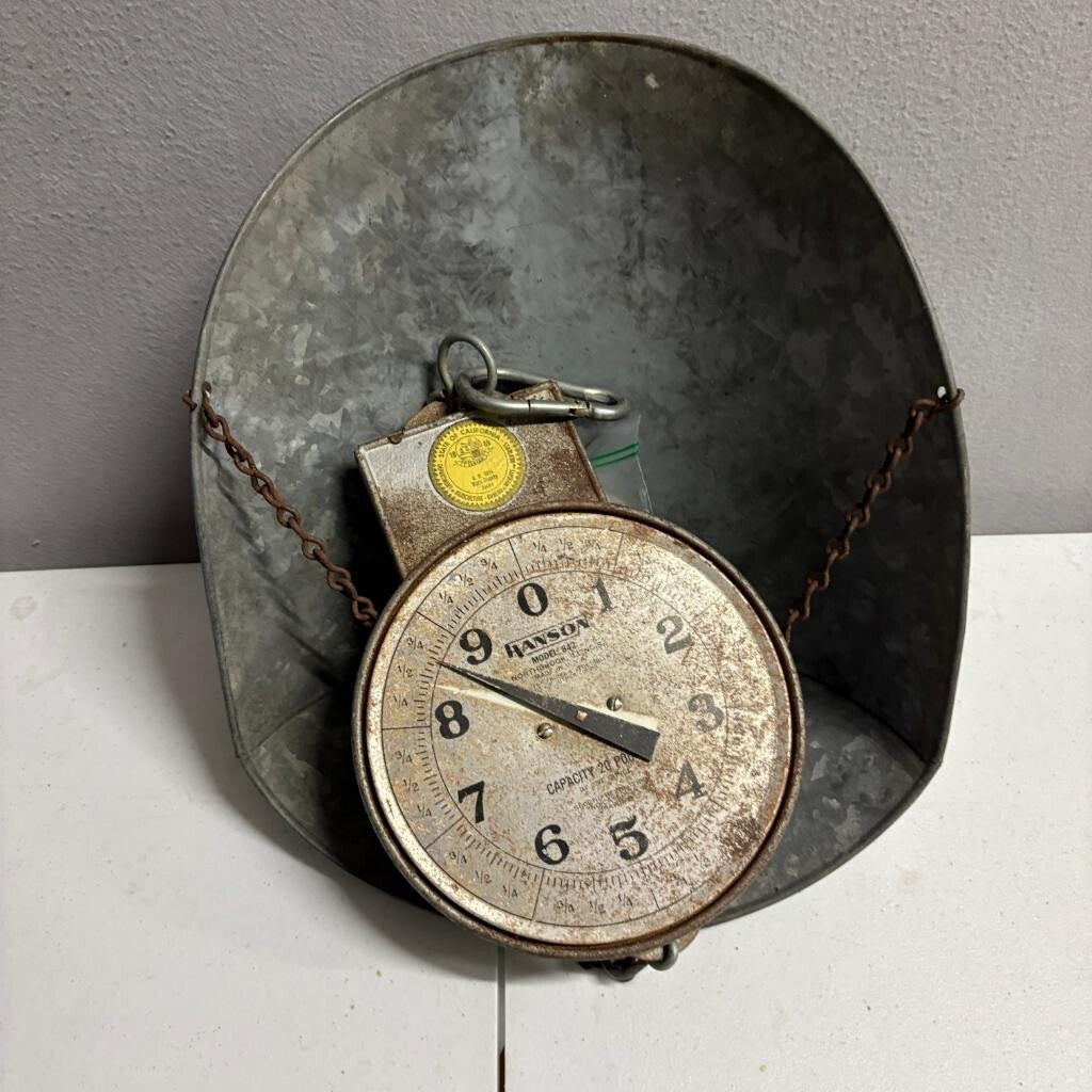 Vintage Hanson Model 842 Hanging Scale 20 Lb Capacity Galvanized Metal Scoop Pan