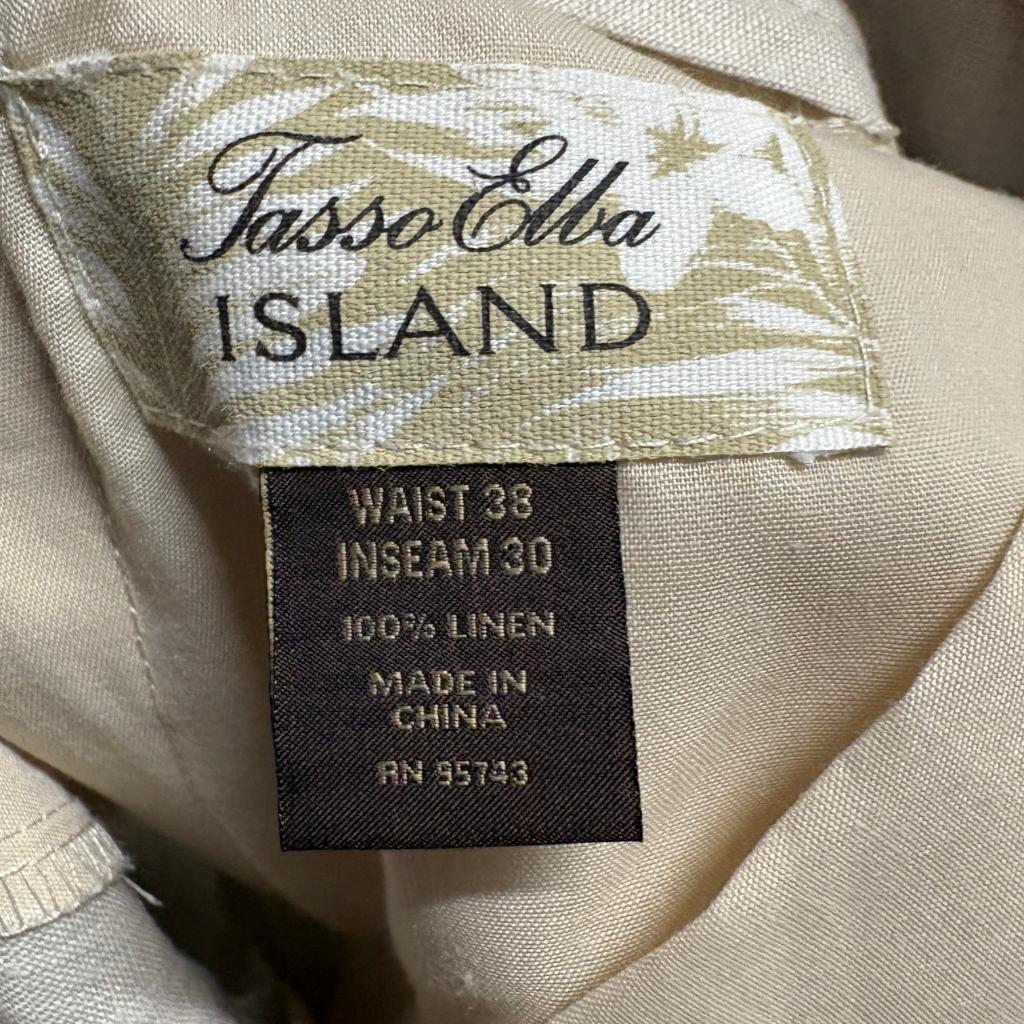 Tasso Elba Island Mens 38x30 Linen Pants Beige Flat Front Summer Beach Trousers