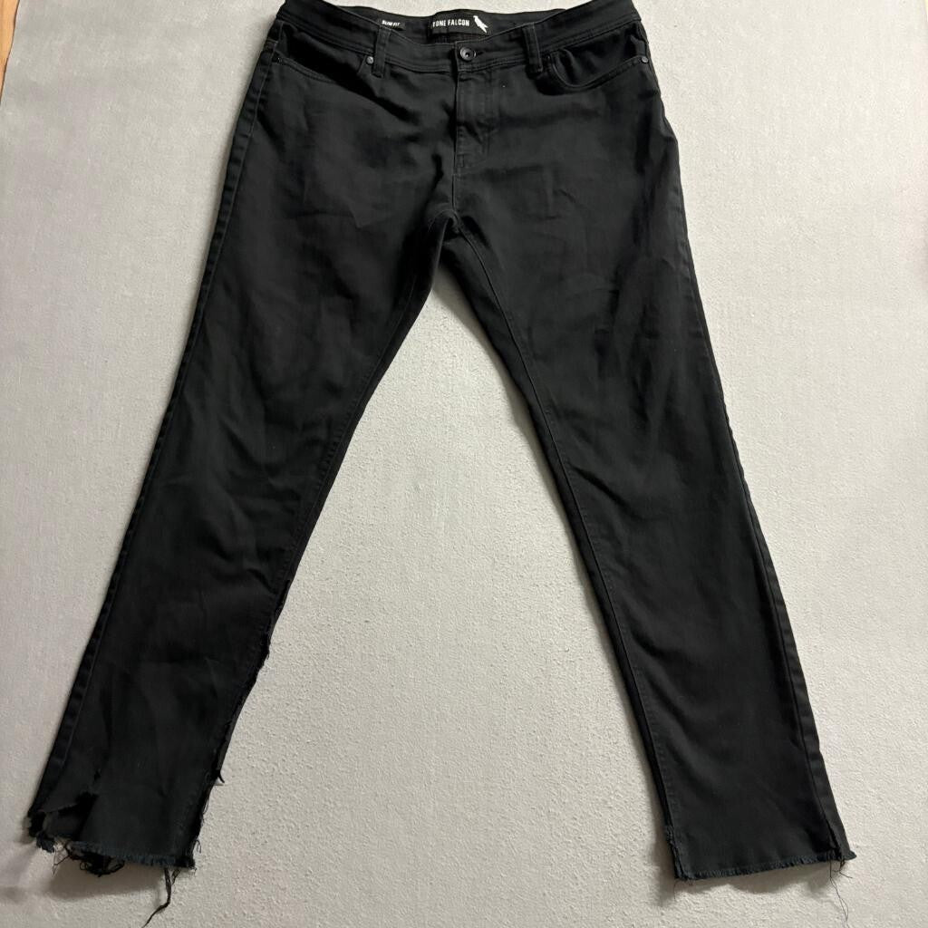 Stone Falcon Slim Fit Jeans Mens 36x32 Black Distressed Raw Hem Denim Pants
