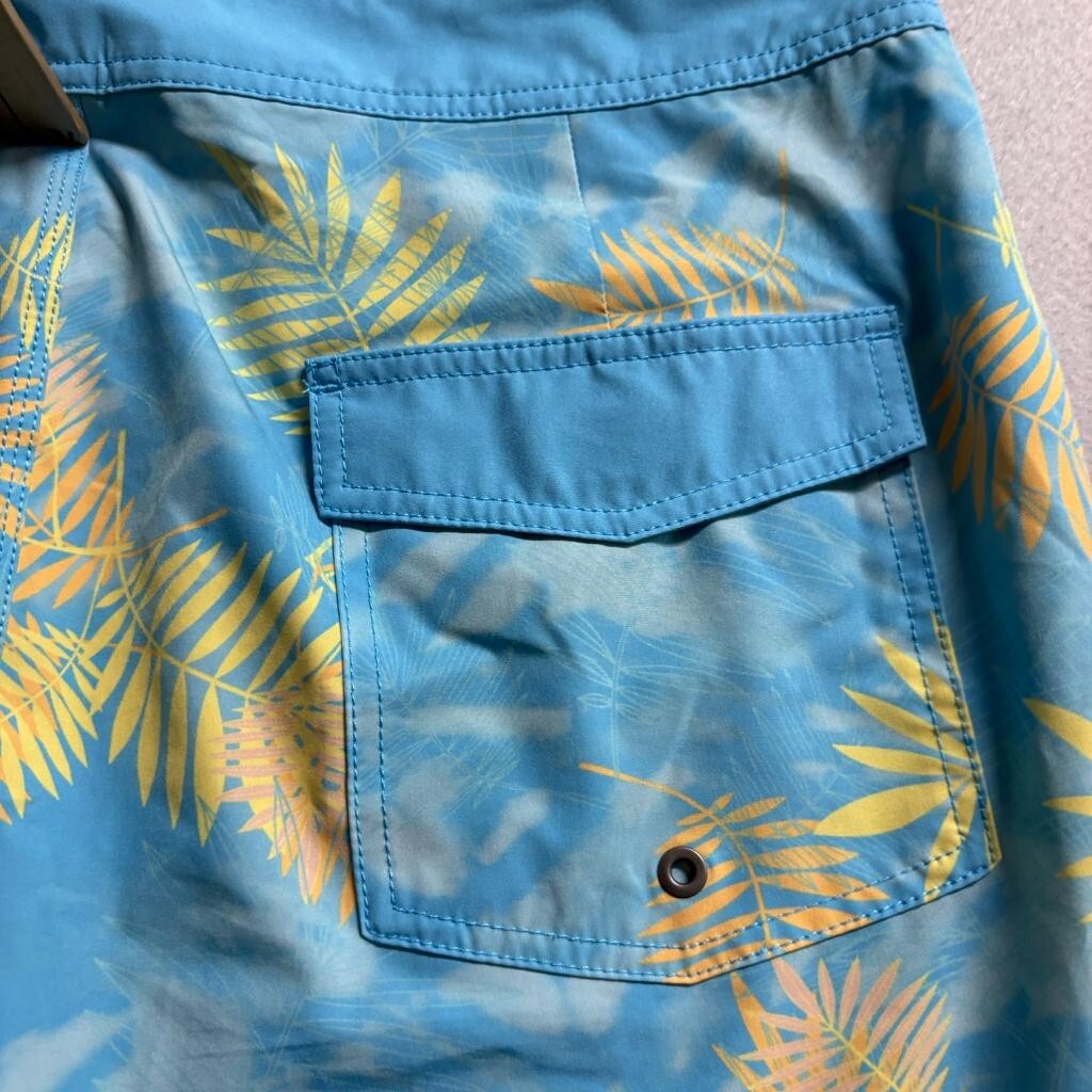 Surfcuz Board Shorts Mens 36 Blue Yellow Palm Leaf Print Swim Trunks Pockets