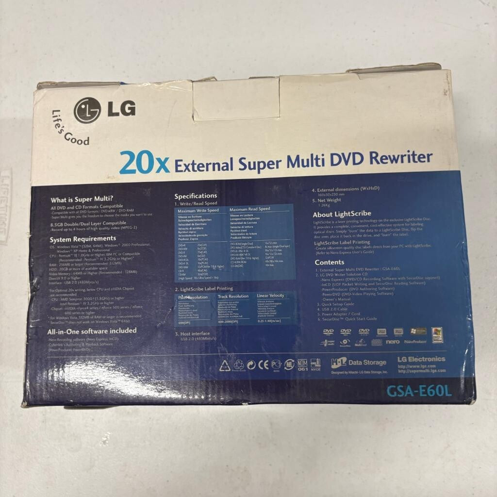 LG GSA-E60L External Super Multi DVD Rewriter 20x LightScribe SecurDisc USB 2.0