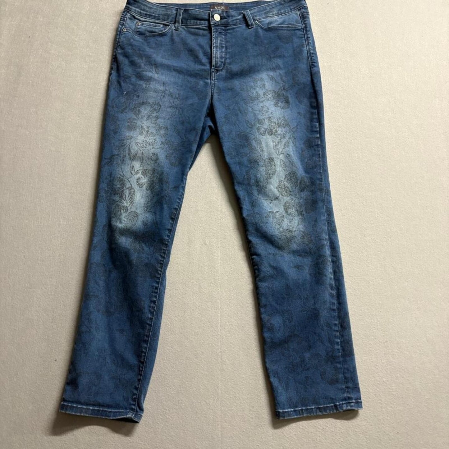 NYDJ Alina Convertible Ankle Jeans Womens 14 Blue Floral Print Lift Tuck Stretch