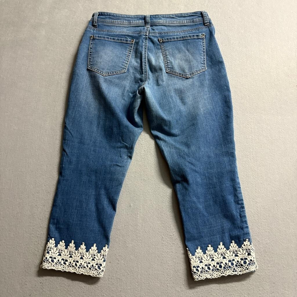 Stitch Star Crop Jeans Womens 8P Blue Denim Lace Trim Hem Stretch Capris