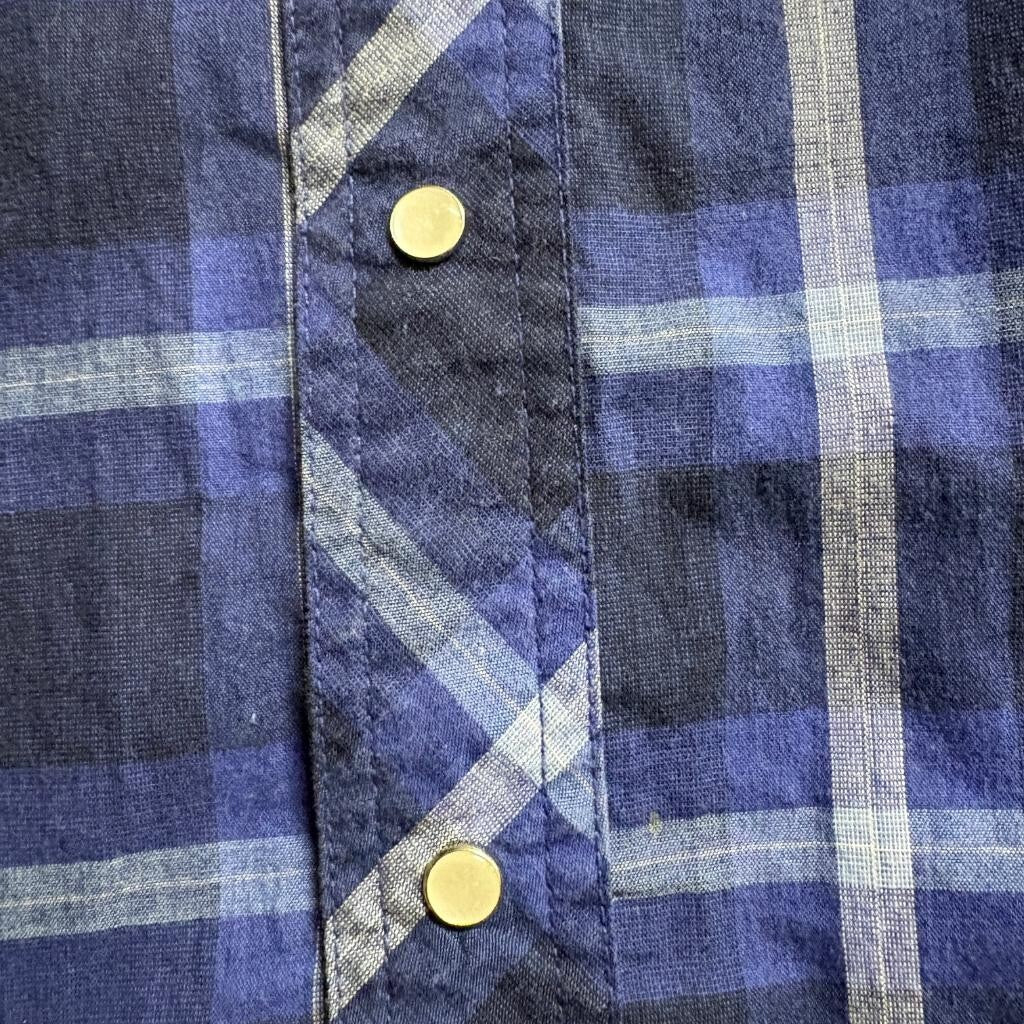 Wrangler Western Shirt Mens Large Blue Plaid Short Sleeve Pearl Snap X-Long