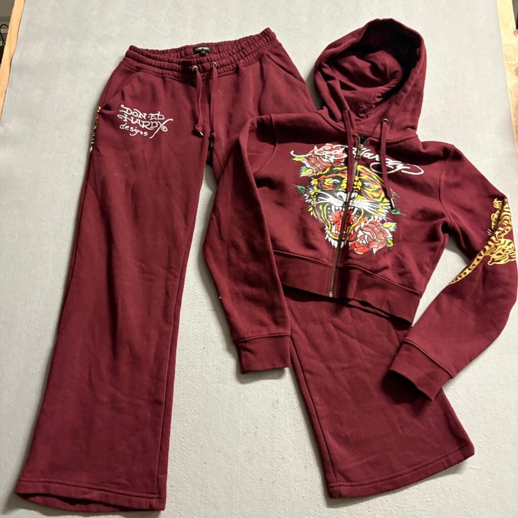 Ed Hardy Womens Tracksuit Set Small Maroon Tiger Graphic Crop Hoodie Sweatpants