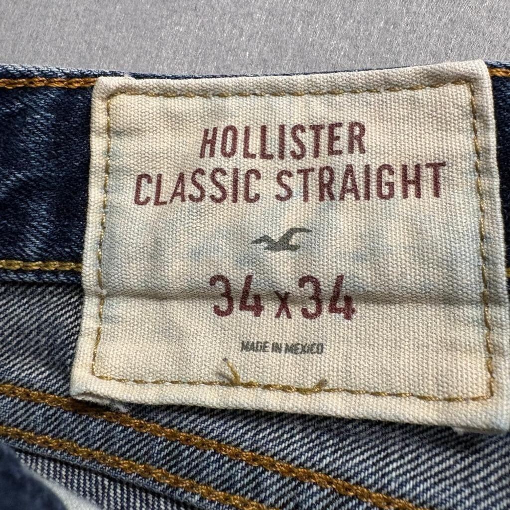 Hollister Classic Straight Jeans Mens 34x34 Blue Denim Distressed Ripped Cotton