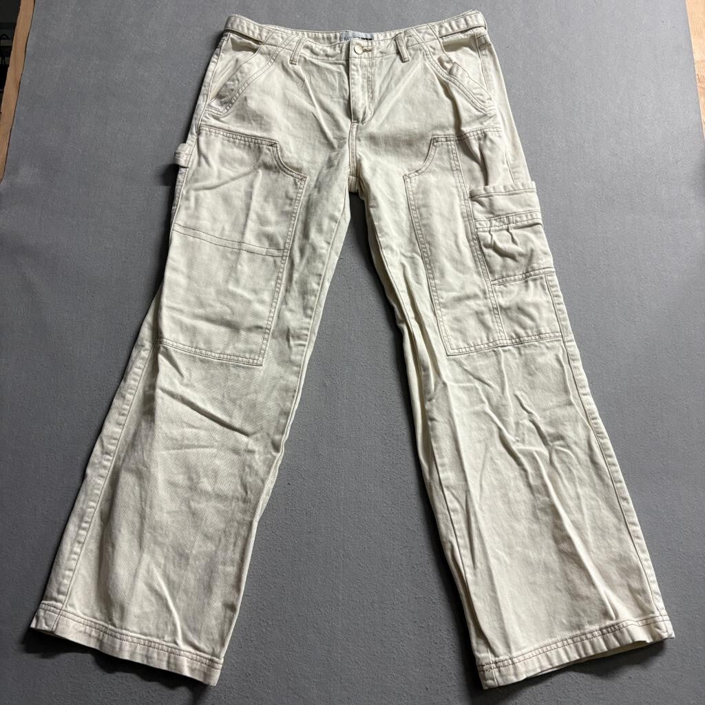 Fashion Nova Carpenter Pants Womens 13 Cream Beige Denim Utility Cargo Wide Leg