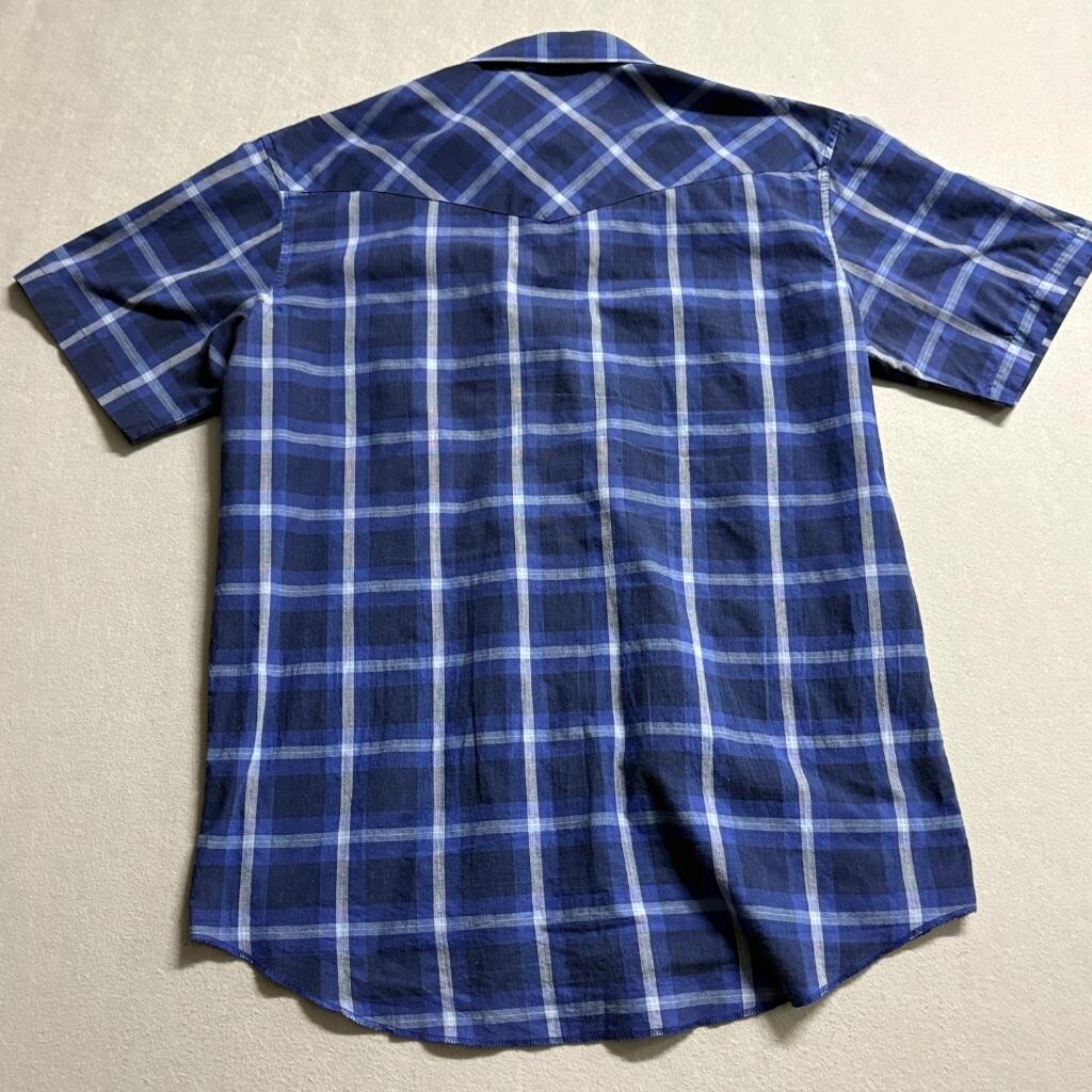 Wrangler Western Shirt Mens Large Blue Plaid Short Sleeve Pearl Snap X-Long