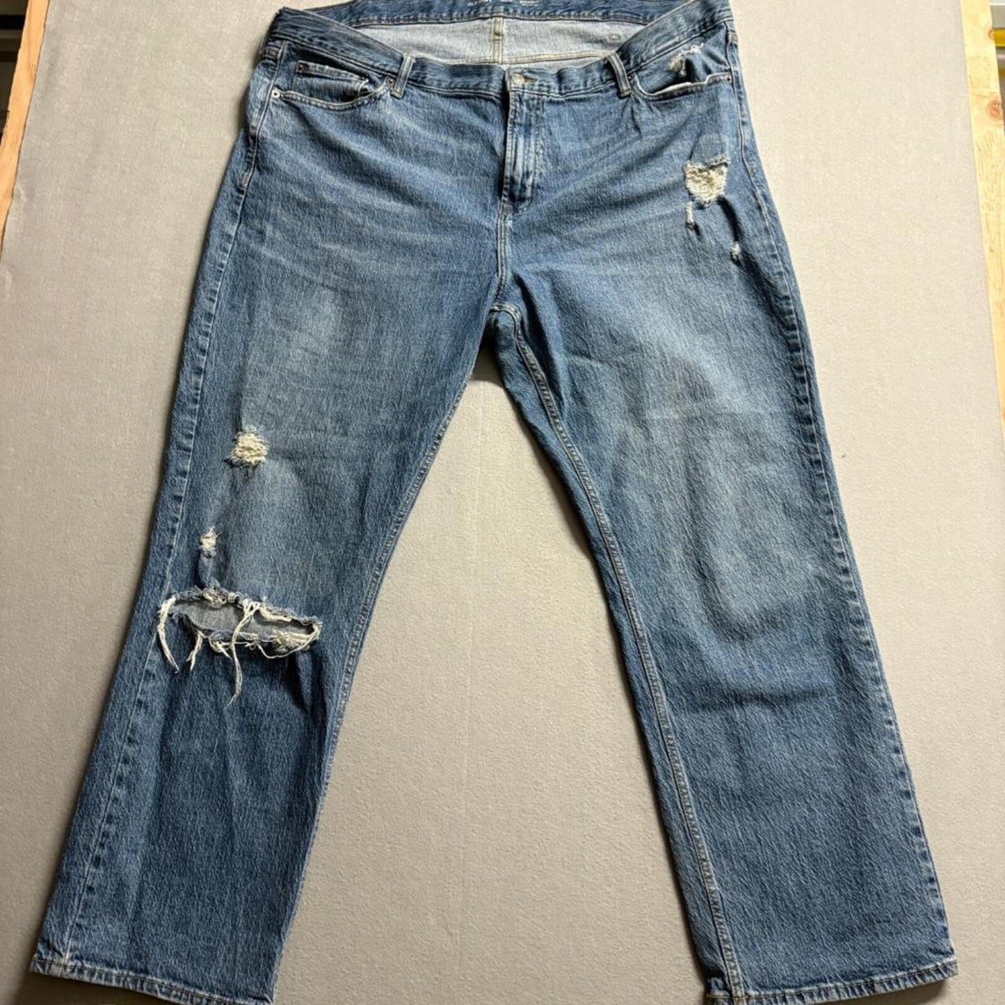Old Navy Built-In Flex Straight Jeans Mens 46x32 Blue Distressed Ripped Denim