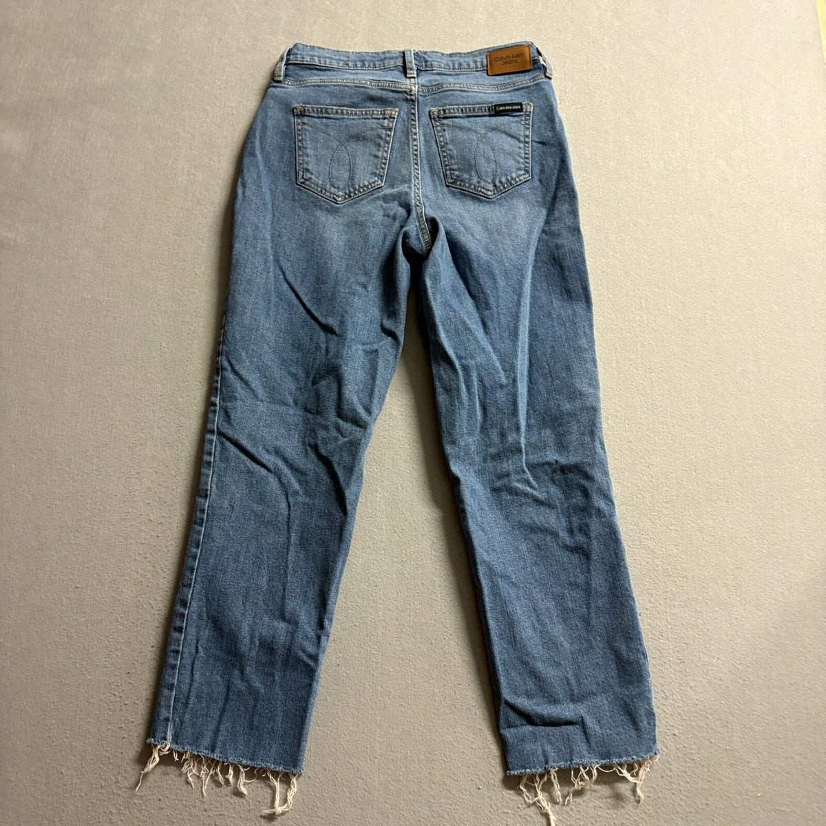 Calvin Klein Jeans Womens Size 2 26 High Rise Straight Leg Raw Hem Blue Denim