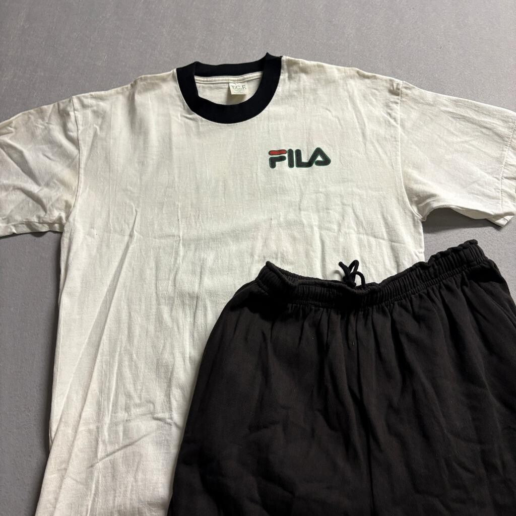 Vintage Fila T-Shirt and Shorts Set Mens XL White Black Ringer Tee Sportswear