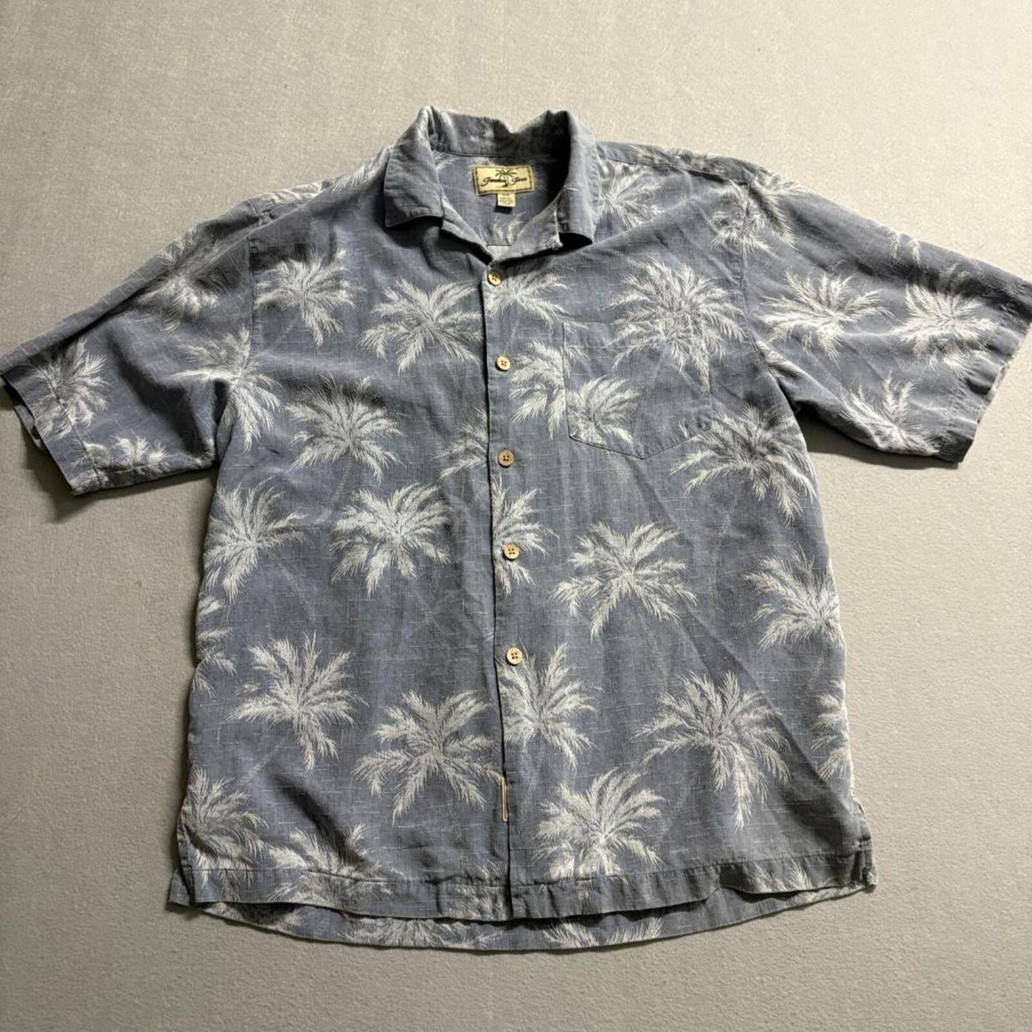 Jamaica Jaxx Mens Medium Blue 100% Silk Palm Tree Hawaiian Camp Shirt