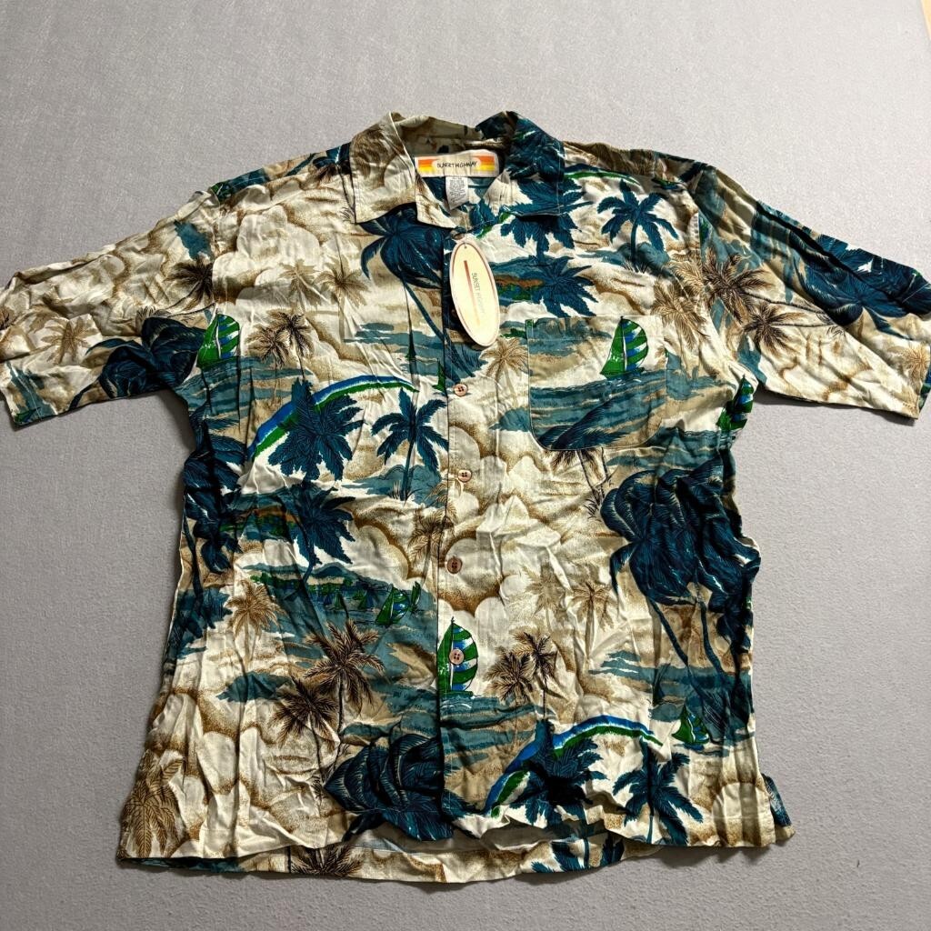 Sunset Highway Hawaiian Shirt Mens XL Blue Rayon Sailboat Palm Tree Beach NWT