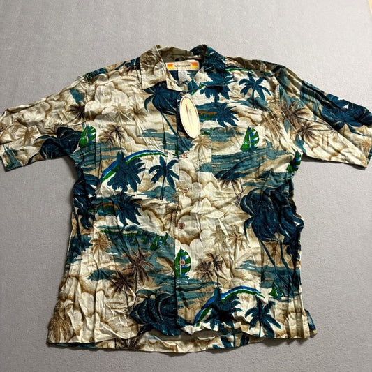 Sunset Highway Hawaiian Shirt Mens XL Blue Rayon Sailboat Palm Tree Beach NWT
