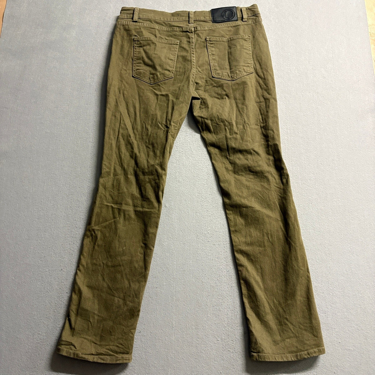 Rustic Dime Mens 34 Olive Green Distressed Taper Fit Jeans Made in USA Stretch