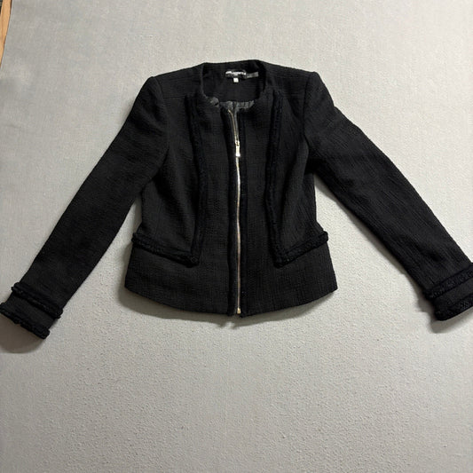 Karl Lagerfeld Paris Tweed Jacket Womens 4 Black Full Zip Cotton Blend Blazer
