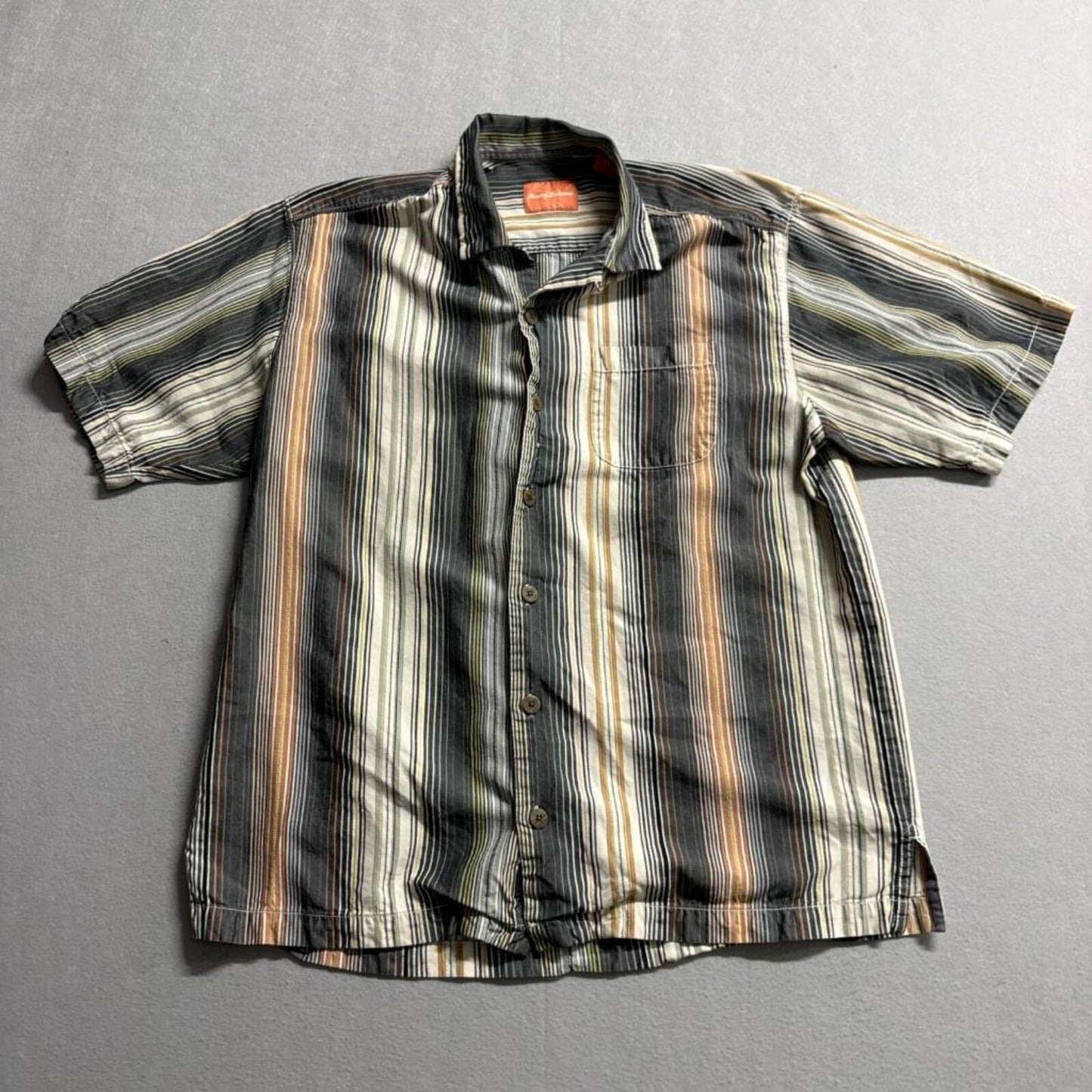 Tommy Bahama Shirt Mens Medium M Multicolor Striped 100% Silk Short Sleeve