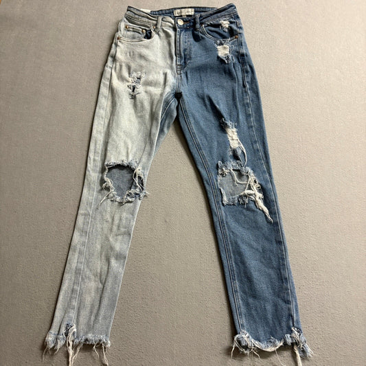 Almost Famous Two Tone Split Color Distressed Jeans Womens Size 1 High Rise Hem