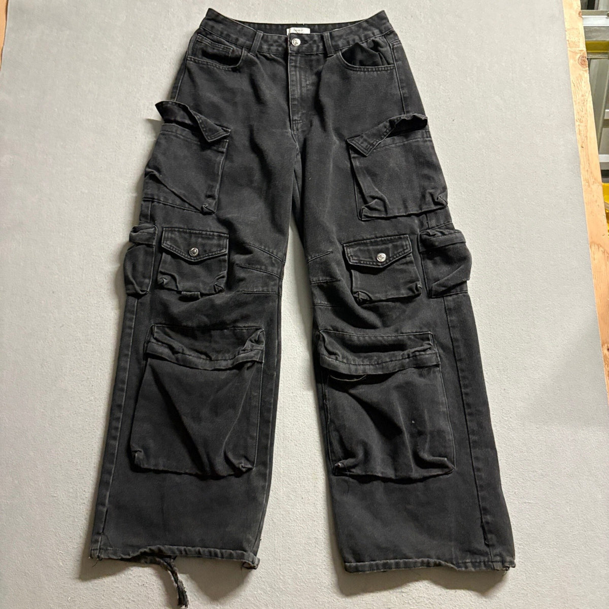 Forever 21 Premium Womens Size 28 Black Cargo Wide Leg Multi Pocket Jeans Pants