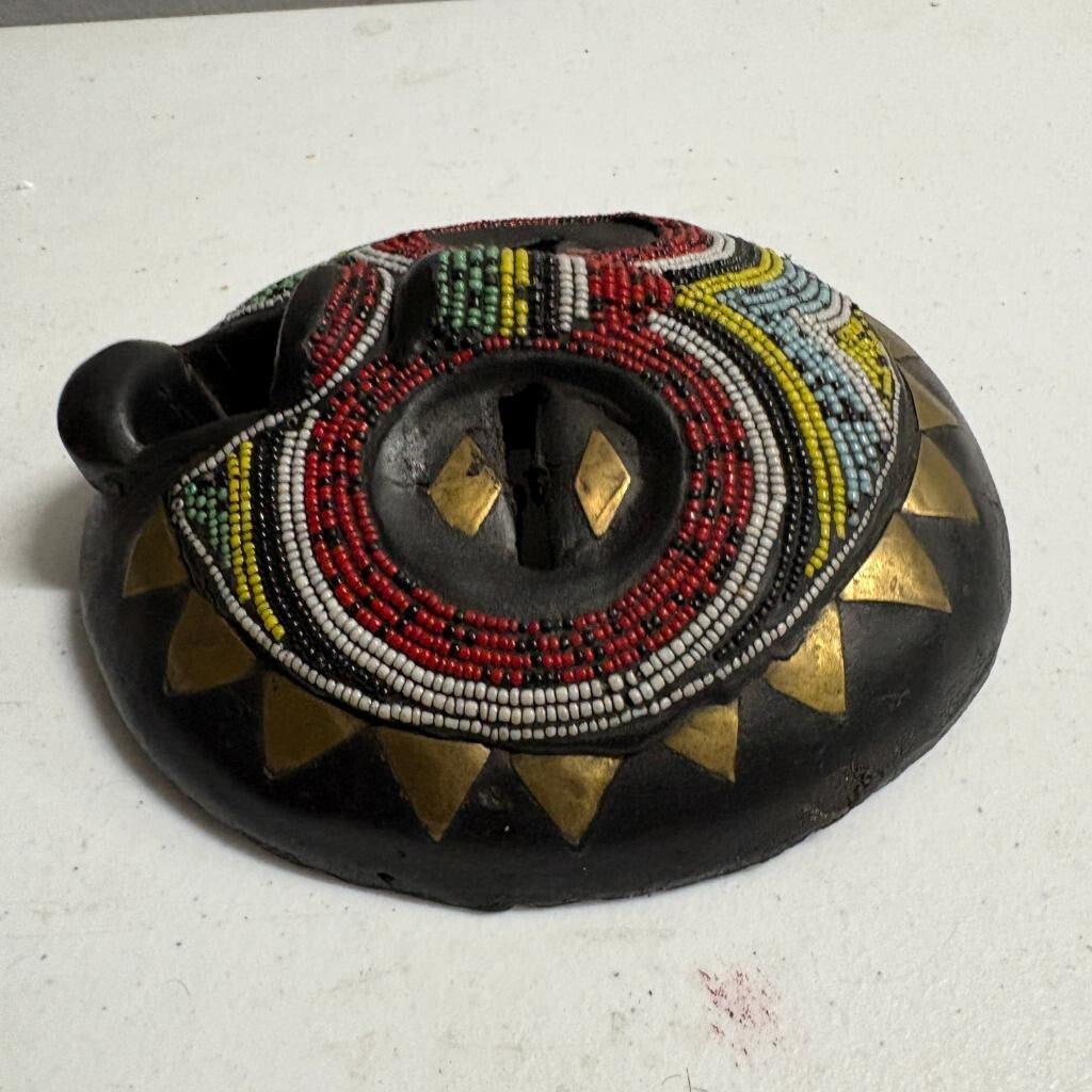 African Beaded Wood Mask Hand Carved Round Tribal Wall Hanging Brass Accents 7in