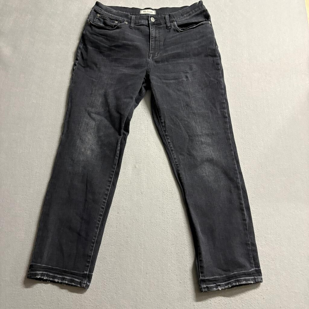 Madewell Cruiser Straight Jeans Womens 31 Black Denim Distressed Hem Stretch