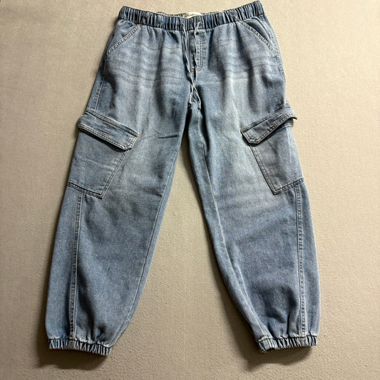 No Boundaries Womens Cargo Denim Joggers Size L 12-14 Elastic Waist Medium Wash