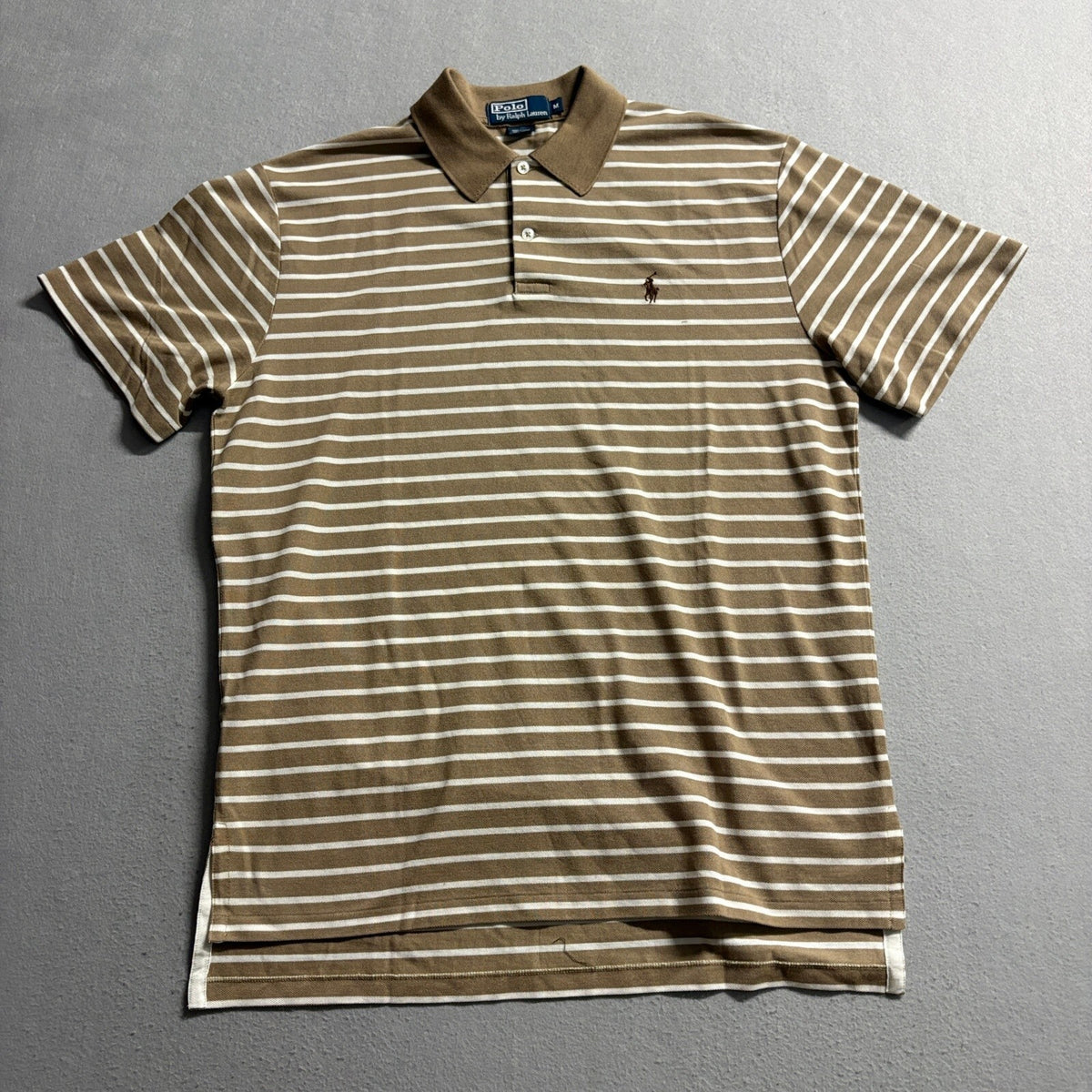 Polo Ralph Lauren Shirt Mens Medium Brown White Striped Short Sleeve Cotton Polo