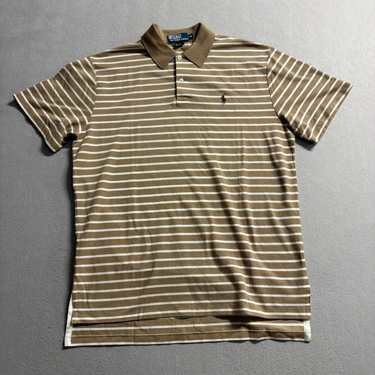 Polo Ralph Lauren Shirt Mens Medium Brown White Striped Short Sleeve Cotton Polo