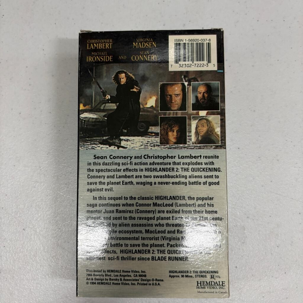 Highlander 2 The Quickening VHS 1994 Hemdale Sean Connery Christopher Lambert