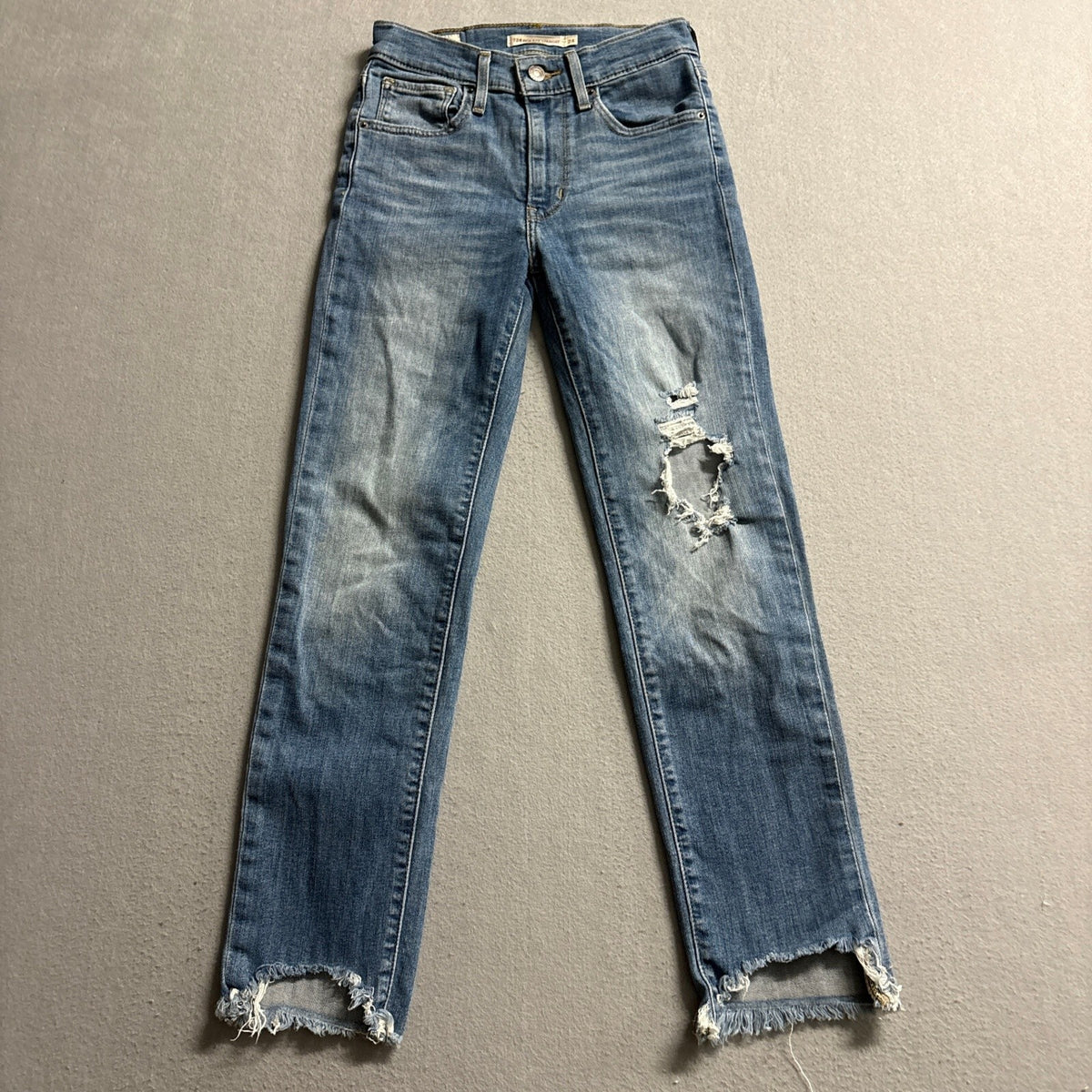 Levi's Premium 724 High Rise Straight Jeans Womens 24 Distressed Raw Cut Hem