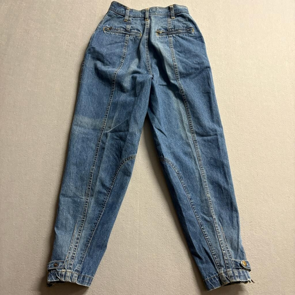 Vintage QPS Jeans Womens 4 Petite Blue Denim High Rise Tapered Leg Ankle Strap