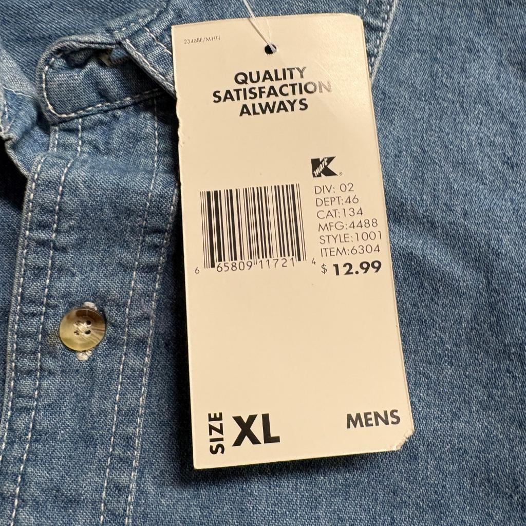 Basic Editions Denim Shirt Mens XL Blue Long Sleeve Button Up Vintage Kmart NWT