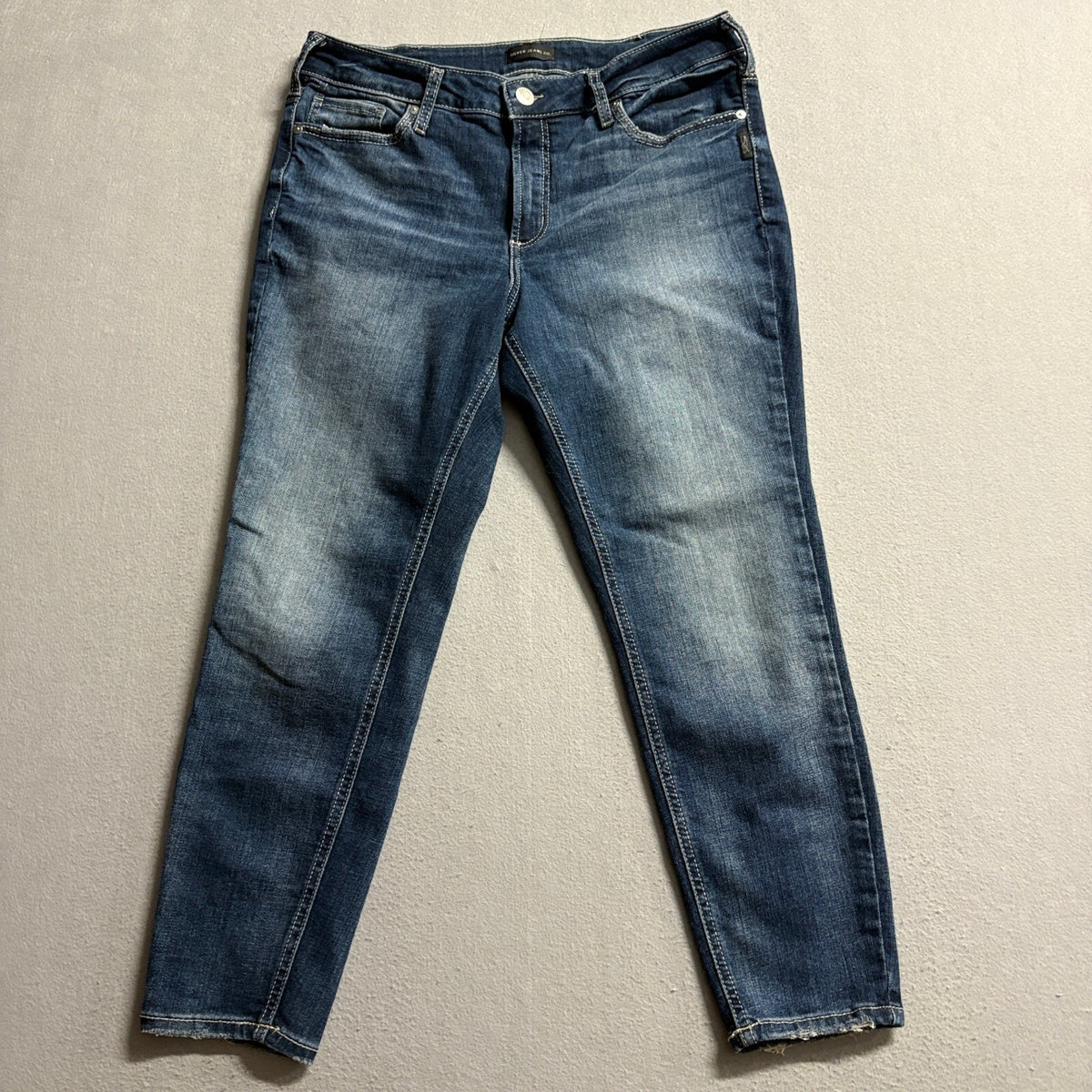 Silver Jeans Co Suki Skinny Crop Jeans Womens 12W L26 Blue Denim Distressed Hem